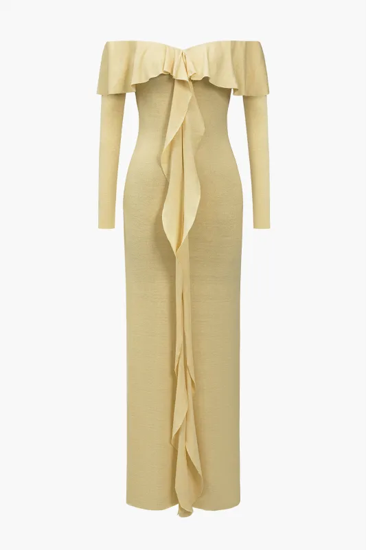 Knit Ruffle Off-Shoulder High Slit Long Sleeve Dress sold by Micas