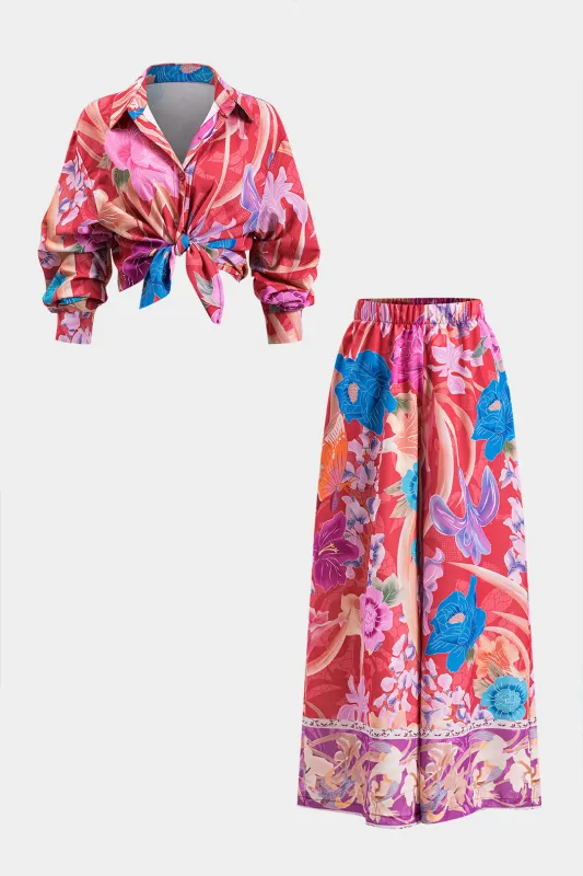 Floral Print Long Sleeve Shirt And Shirred Waistband Wide Leg Pants Set sold by Micas