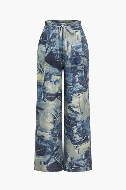 Denim Abstract Print Drawstring Shirred Waistband Jeans sold by Micas
