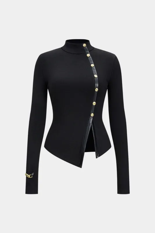 Faux Leather Patchwork Asymmetrical Button Long-Sleeve Top sold by Micas