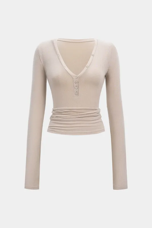 Deep V-Neck Button Long-Sleeve Top sold by Micas
