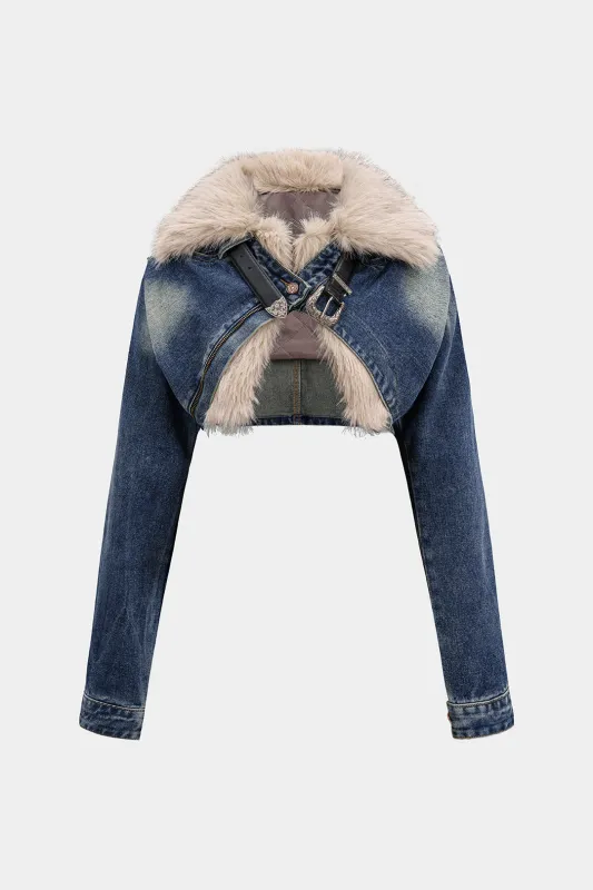 Denim Faux Fur Patchwork Cropped Outerwear sold by Micas
