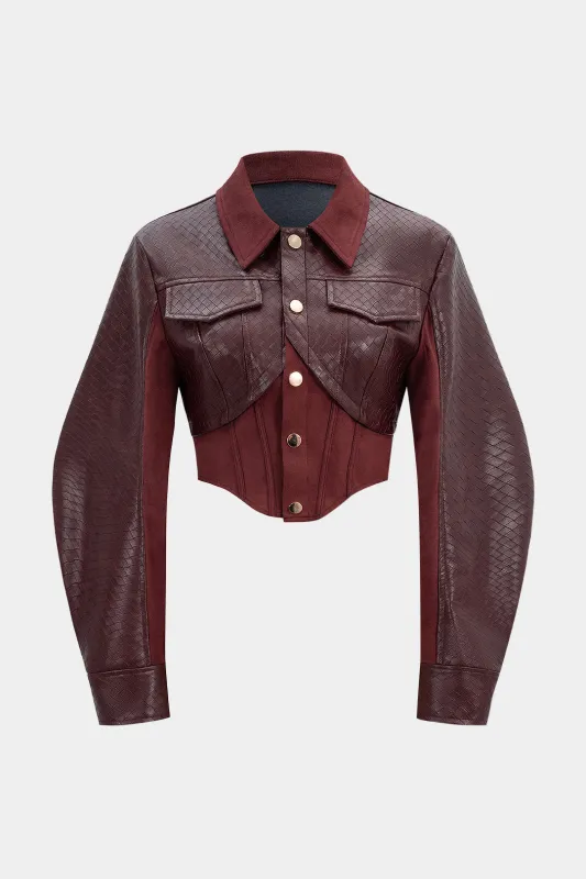 Woven Pattern Faux Leather Patchwork Cropped Jacket sold by Micas