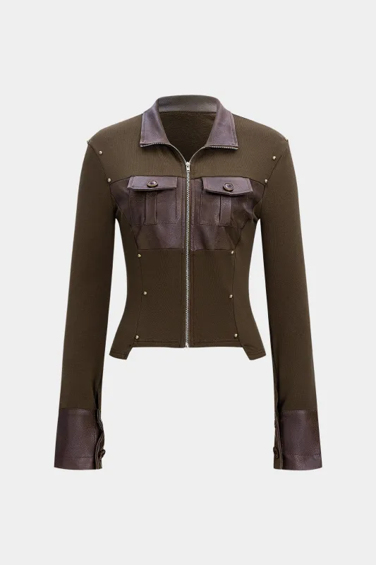 Faux Leather Patchwork Rivet Button Long-Sleeve Top sold by Micas