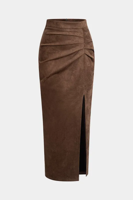 Suede Asymmetrical Ruched Side Split Zipper Skirt sold by Micas
