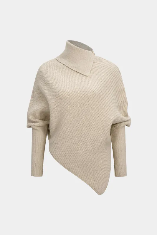 Knit High Collar Asymmetrical Hem Long-Sleeve Top sold by Micas