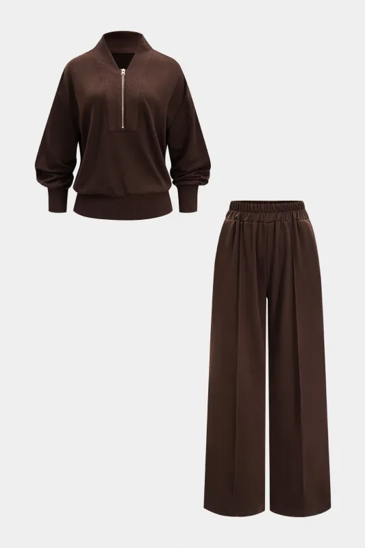 Knit Zipper Long-Sleeve Top And Shirred Waistband Pants Set made by Micas