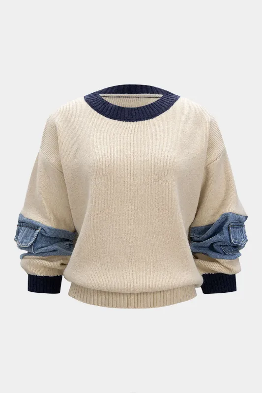 Knit Denim Patchwork Contrast Ribbed Long-Sleeve Top sold by Micas
