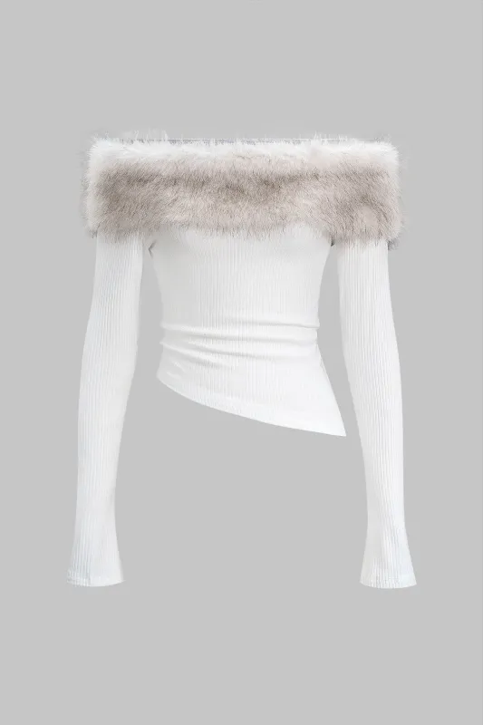 Faux Fur Patchwork Off-Shoulder Long-Sleeve Top sold by Micas