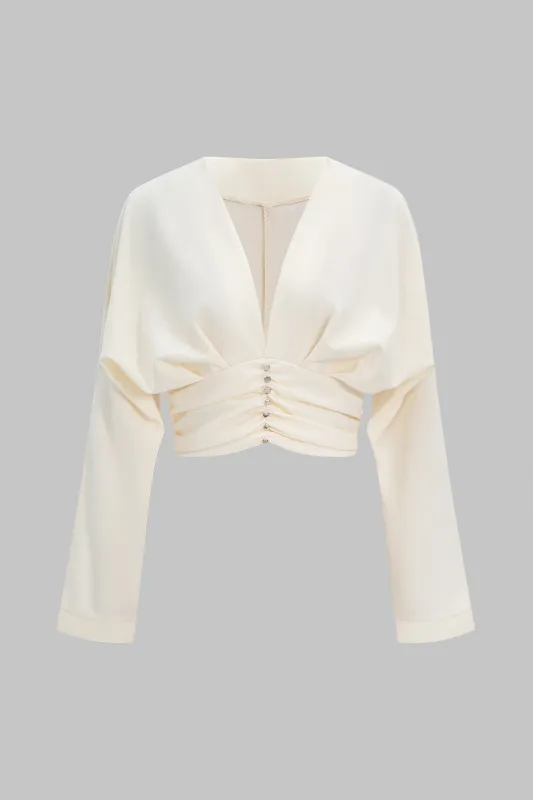 Deep V-Neck Waist-Cinching Ruched Long-Sleeve Shirt sold by Micas