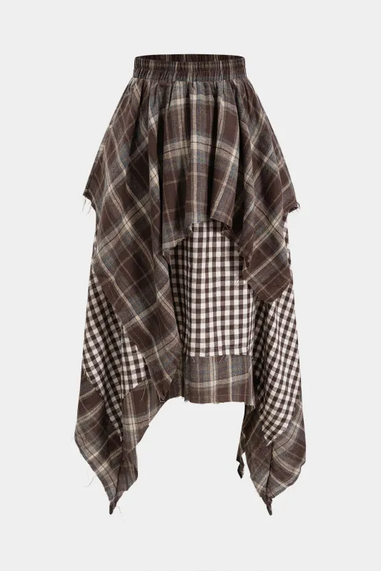 Plaid Print Asymmetrical Irregular Hem High Waist Skirt made by Micas