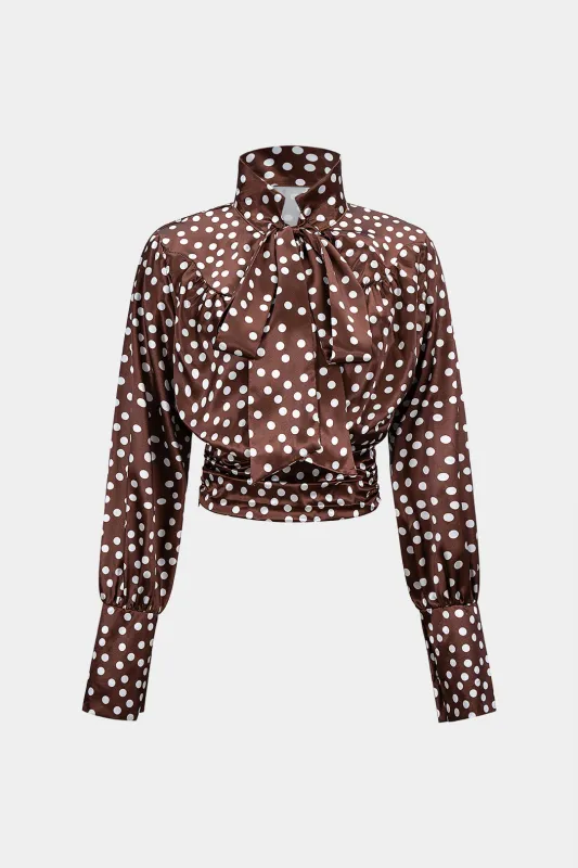 Polka Dots Print Satin Strappy Long-Sleeve Shirt sold by Micas