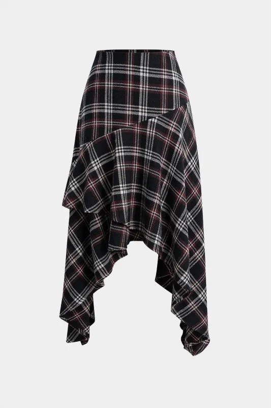 Plaid Print Asymmetrical Irregular Hem Skirt sold by Micas