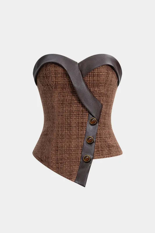 Faux Leather Patchwork  Asymmetrical Button Zipper Tube Top sold by Micas