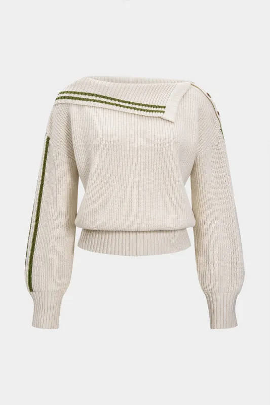 Knit Contrast Binding Asymmetrical Ribbed Long-Sleeve Top sold by Micas