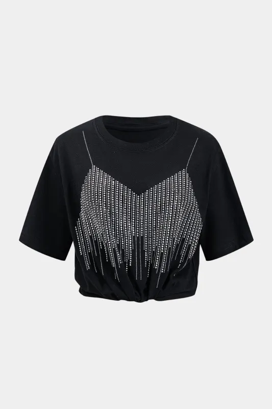 Rhinestone Decor Round Neck Short Sleeve T-Shirt sold by Micas