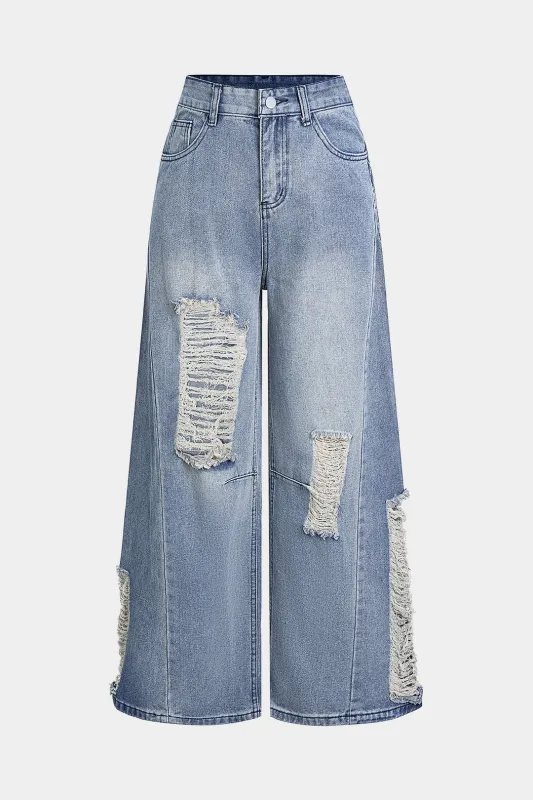 Denim Ripped High Waist Wide Leg Jeans sold by Micas