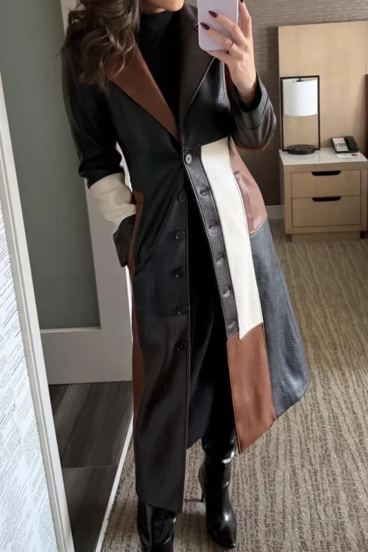 Faux Leather Contrast Notched Lapell Coat sold by Micas