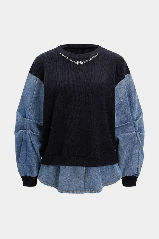 Knit Denim Patchwork Chain Decor Ruched Long-Sleeve Top sold by Micas