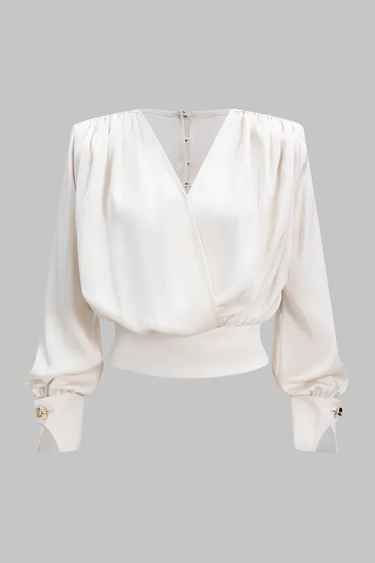 Satin V-Neck Ruched Long-Sleeve Shirt sold by Micas