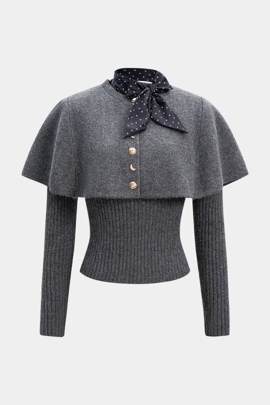 Knit Metallic Irregular Button Long-Sleeve Top With Scarf sold by Micas