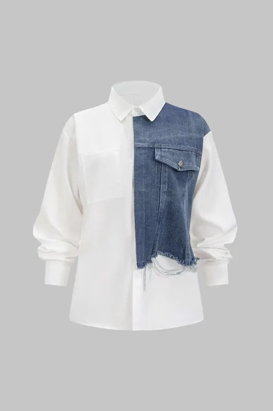 Denim Patchwork Frayed Asymmetrical Pocket Long-Sleeve Shirt sold by Micas