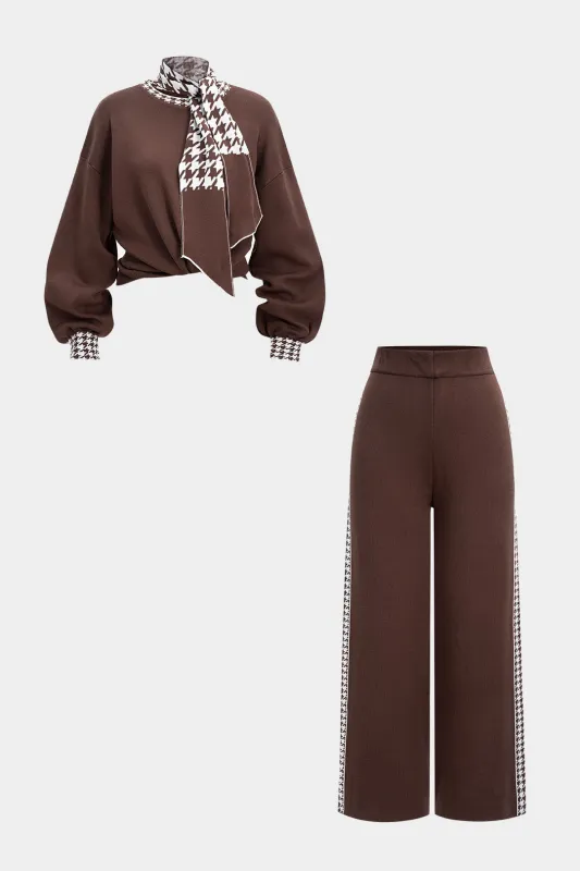 Houndstooth Print Knit Strappy Long-Sleeved Top And Straight Leg Pants Set sold by Micas