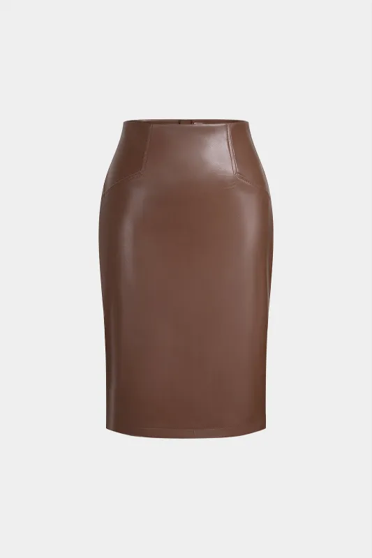 Faux Leather High Waist Zipper Split Skirt sold by Micas