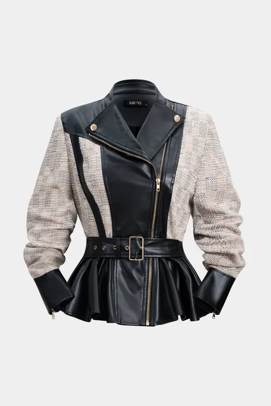 Faux Leather Patchwork Belted Zipper Jacket sold by Micas