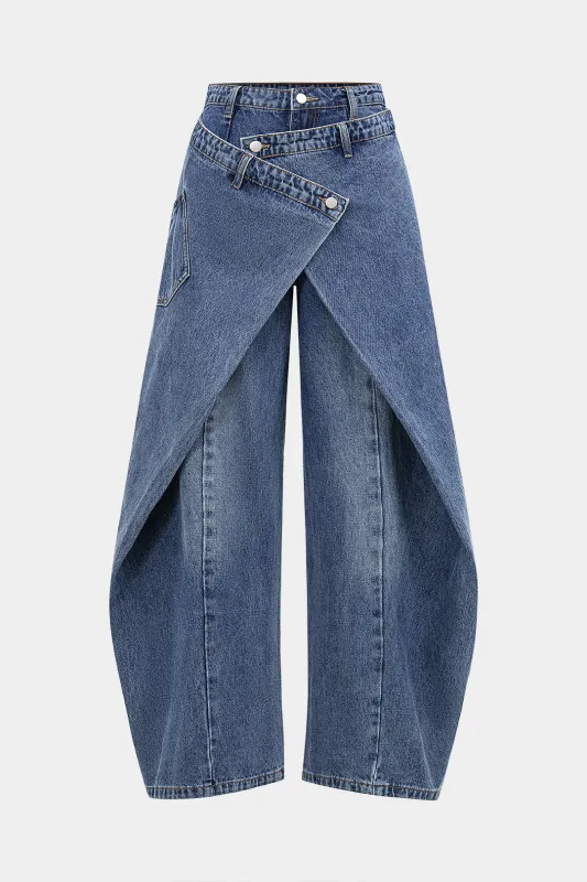Denim Asymmetric Button Jeans sold by Micas