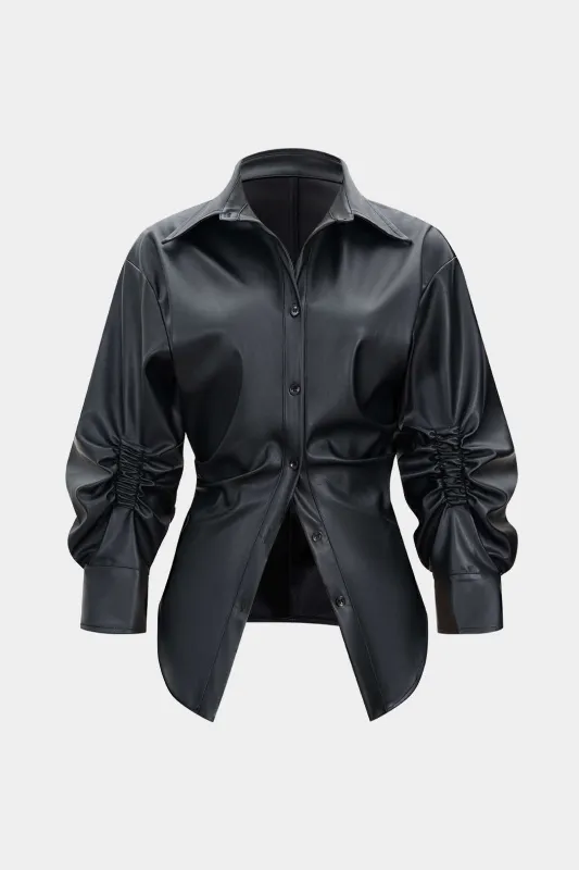 Faux Leather Ruched Button Asymmetrical Shirt sold by Micas