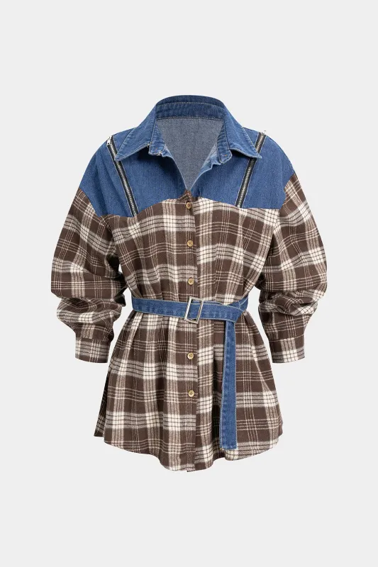 Denim Plaid Print Patchwork Belted Long-Sleeve Shirt sold by Micas