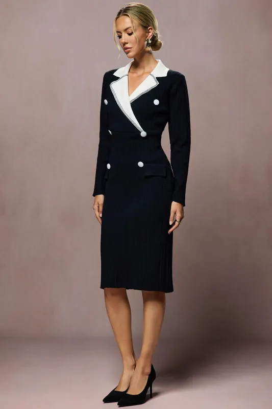 Knit Notched Lapel Contrast Long Sleeve Dress sold by Micas