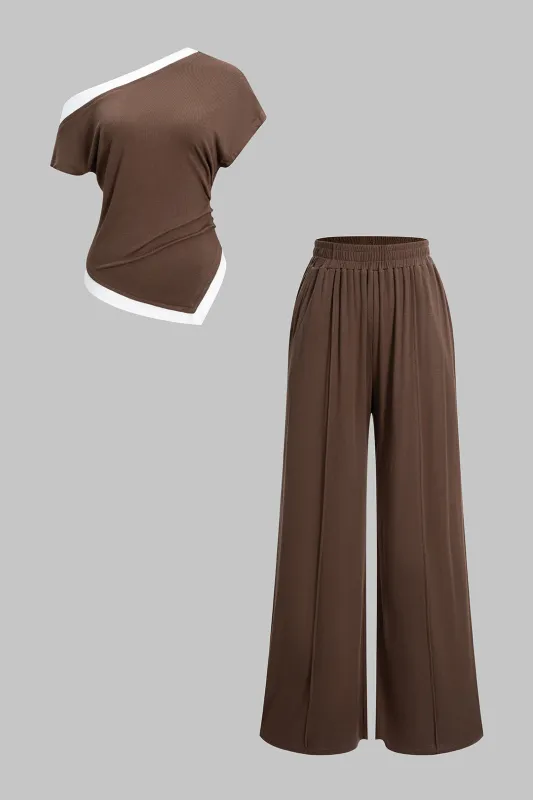 Asymmetrical Ruched Short-Sleeve Top And Shirred Waistband Pants Set sold by Micas