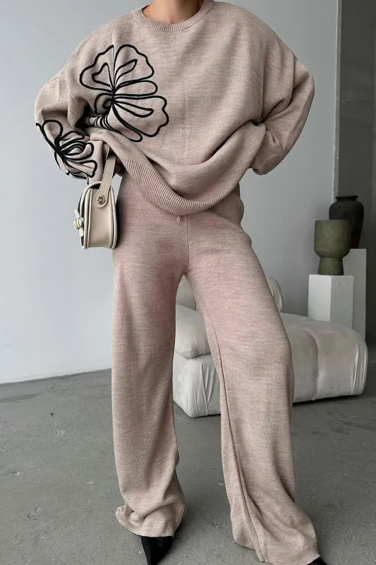 Knit 3D Flower Embroidery  Long-Sleeve Top And Solid Pants Set sold by Micas