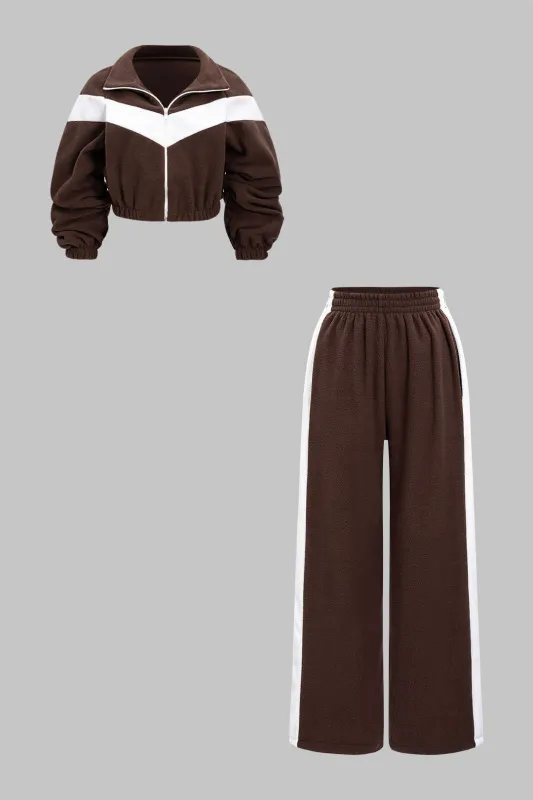 Contrast Ruched Zipper Sweatshirt And Shirred Waistband Pants Set sold by Micas