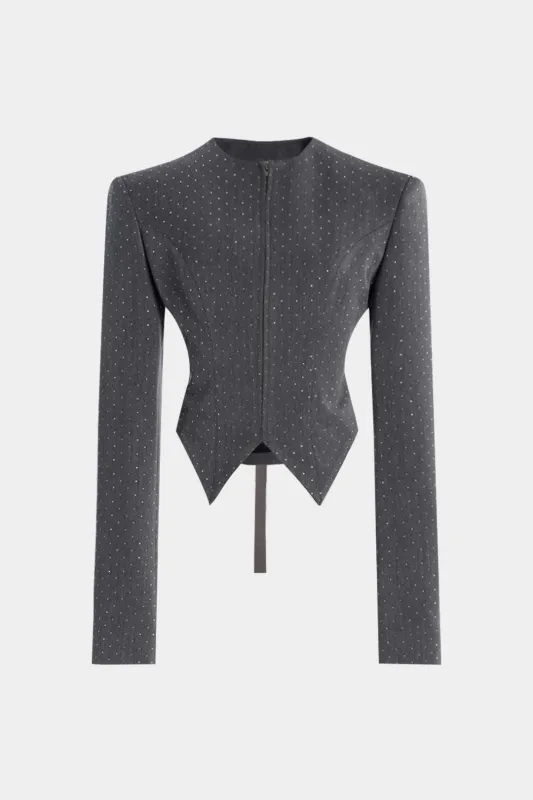 Diamond Print Zipper Belted Long-Sleeve Top sold by Micas