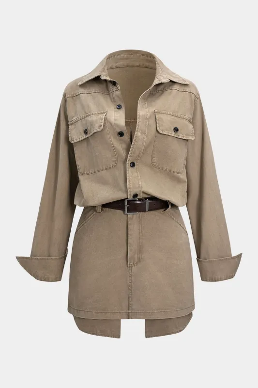 Denim Button Pocket Belted Long Sleeve Dress sold by Micas