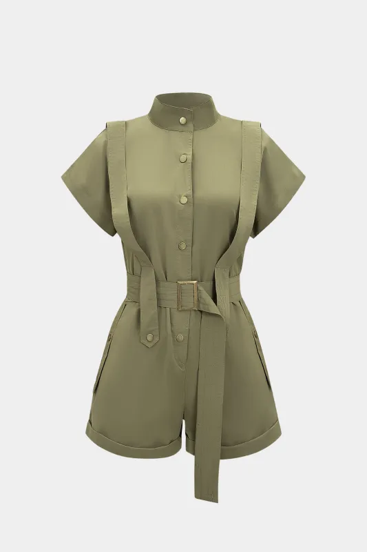 Button Pocket Belted Short Sleeve Romper sold by Micas
