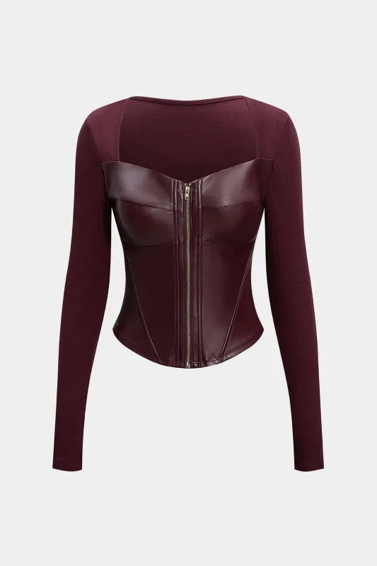 Faux Leather Zipper Patchwork Long-Sleeve Top sold by Micas
