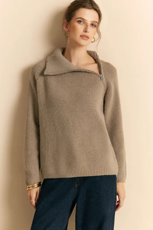 Knit Zipper Turn-Down Collar Long-Sleeve Top sold by Micas