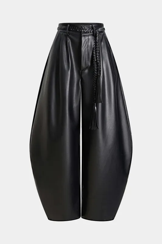 Faux Leather Braided Belted High Waist Barrel Trousers sold by Micas
