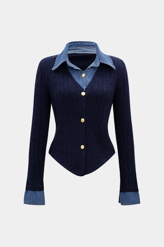 Cable Knit Patchwork Button Long-Sleeve Top sold by Micas