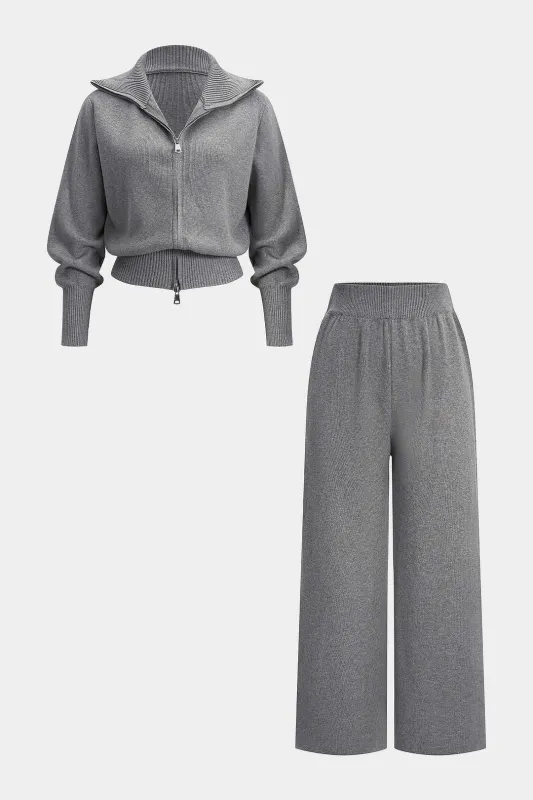 Knit Zipper Long-Sleeve Hoodie And Shirred Waistband Zipper Wide Leg Pants Set sold by Micas