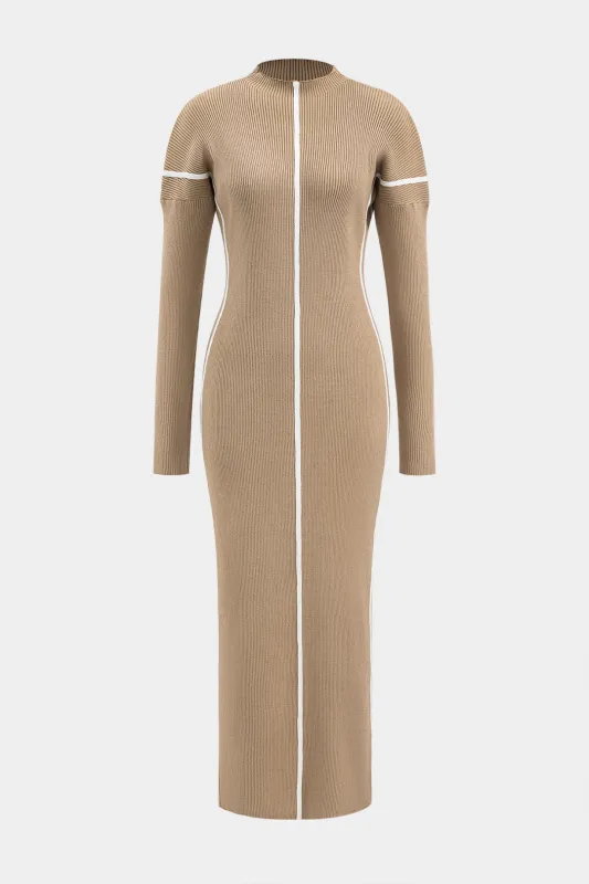 Knit Ribbed Color Block Long Sleeve Bodycon Dress sold by Micas