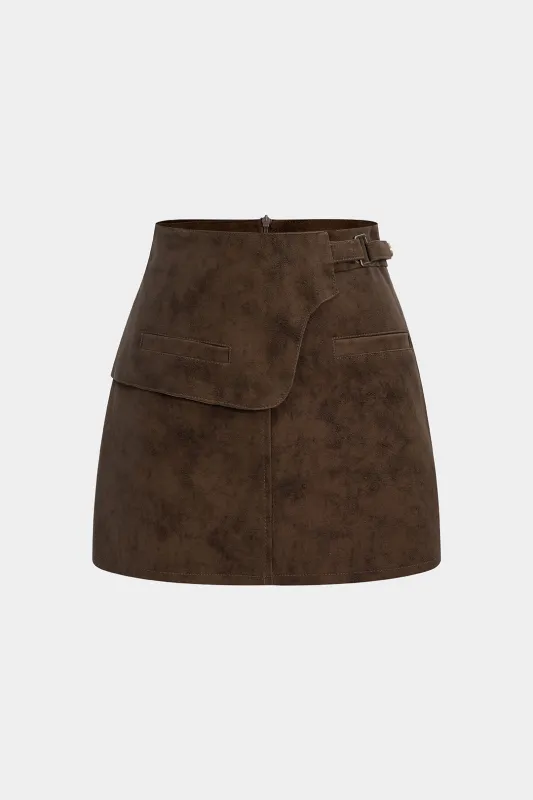 Faux Leather Asymmetrical Zipper Belted Skirt sold by Micas