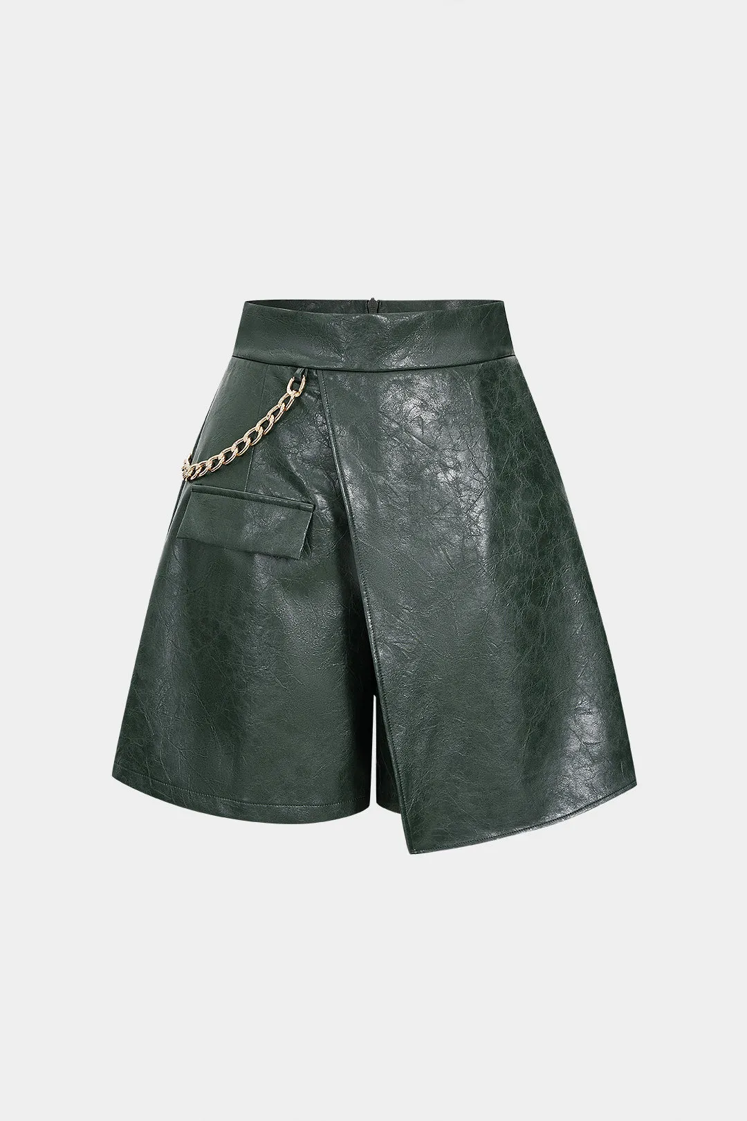 Faux Leather Metallic Asymmetrical Shorts sold by Micas