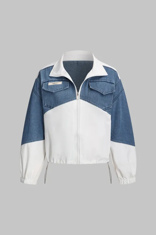 Denim Patchwork Zipper Drawstring Outerwear sold by Micas