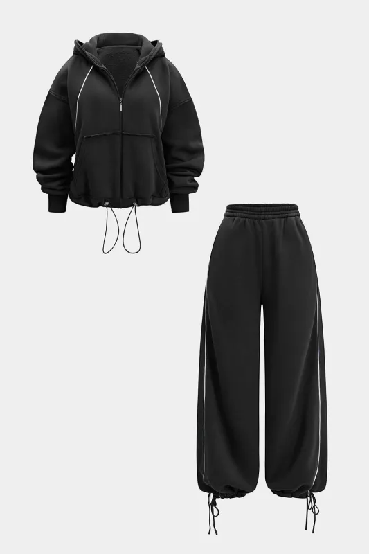 Drawstring Zipper Hoodie And Straight Leg Tie-Up Trousers Set sold by Micas