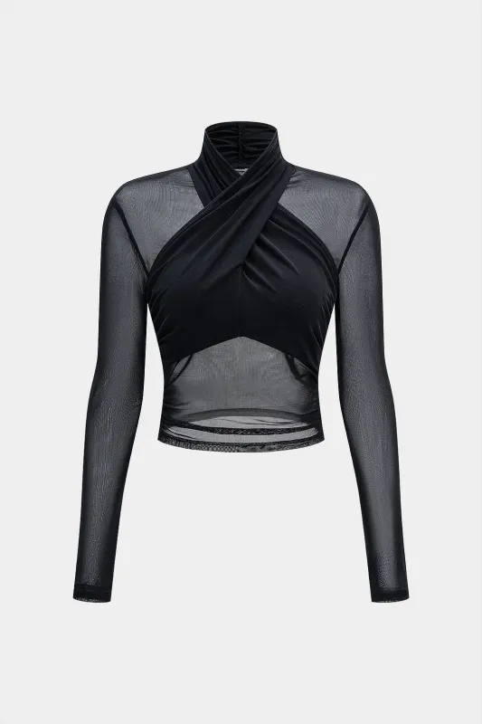 Mesh Sheer Ruched Long-Sleeve Top sold by Micas
